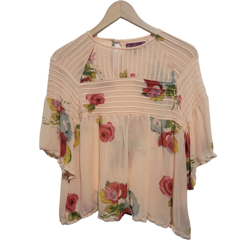 Sweet Sinammon Juniors Semi Sheer Peach Floral Boho Top Cottagecore Size Large